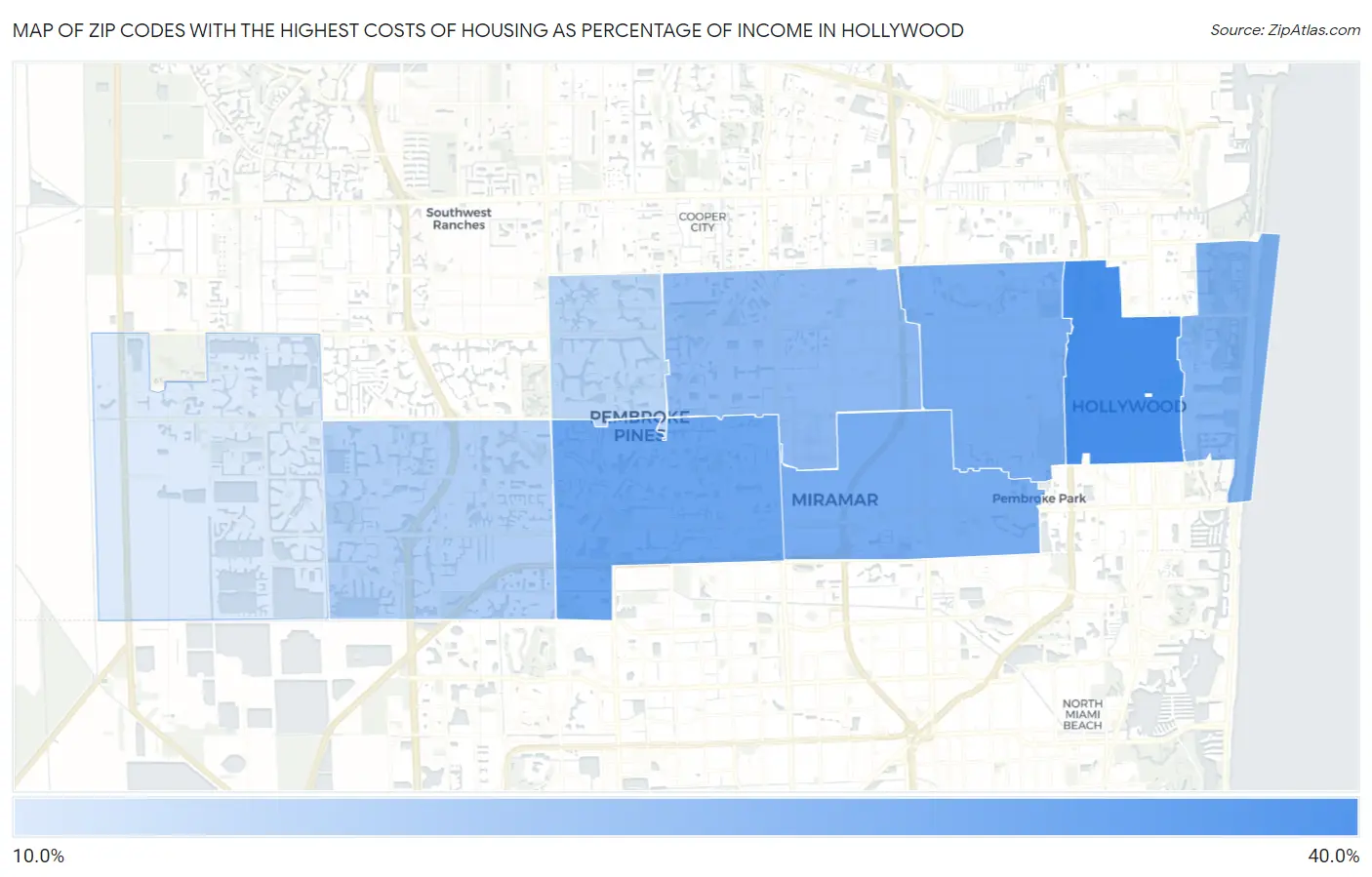 Zip Codes with the Highest Costs of Housing as Percentage of Income in Hollywood Map