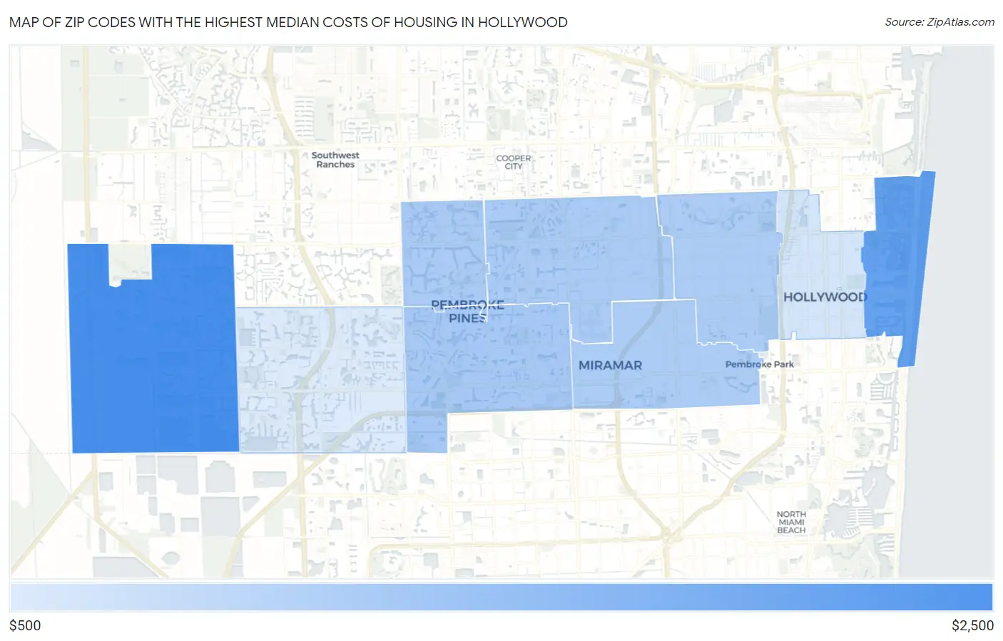 Zip Codes with the Highest Median Costs of Housing in Hollywood Map