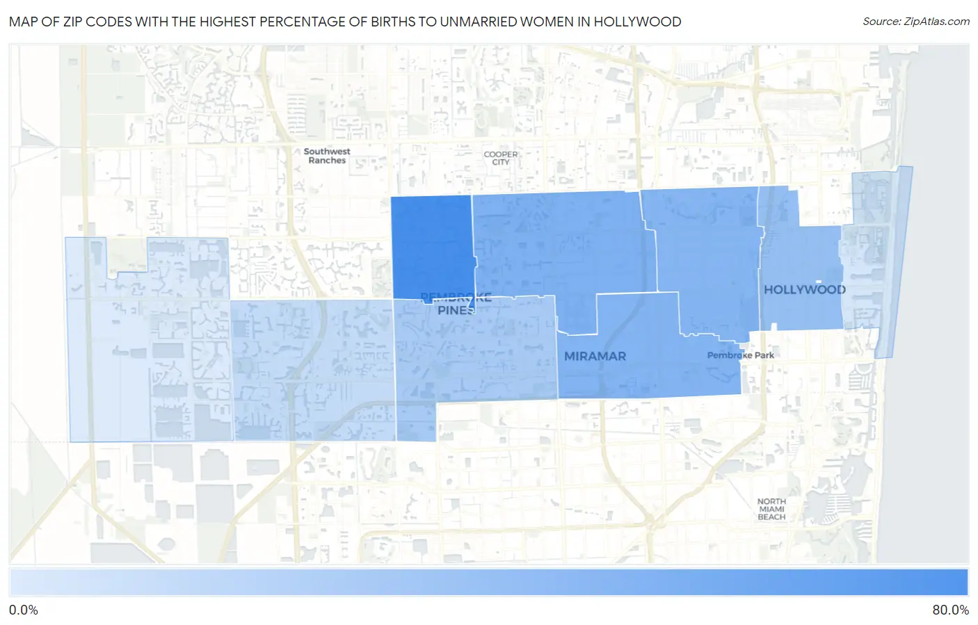 Zip Codes with the Highest Percentage of Births to Unmarried Women in Hollywood Map