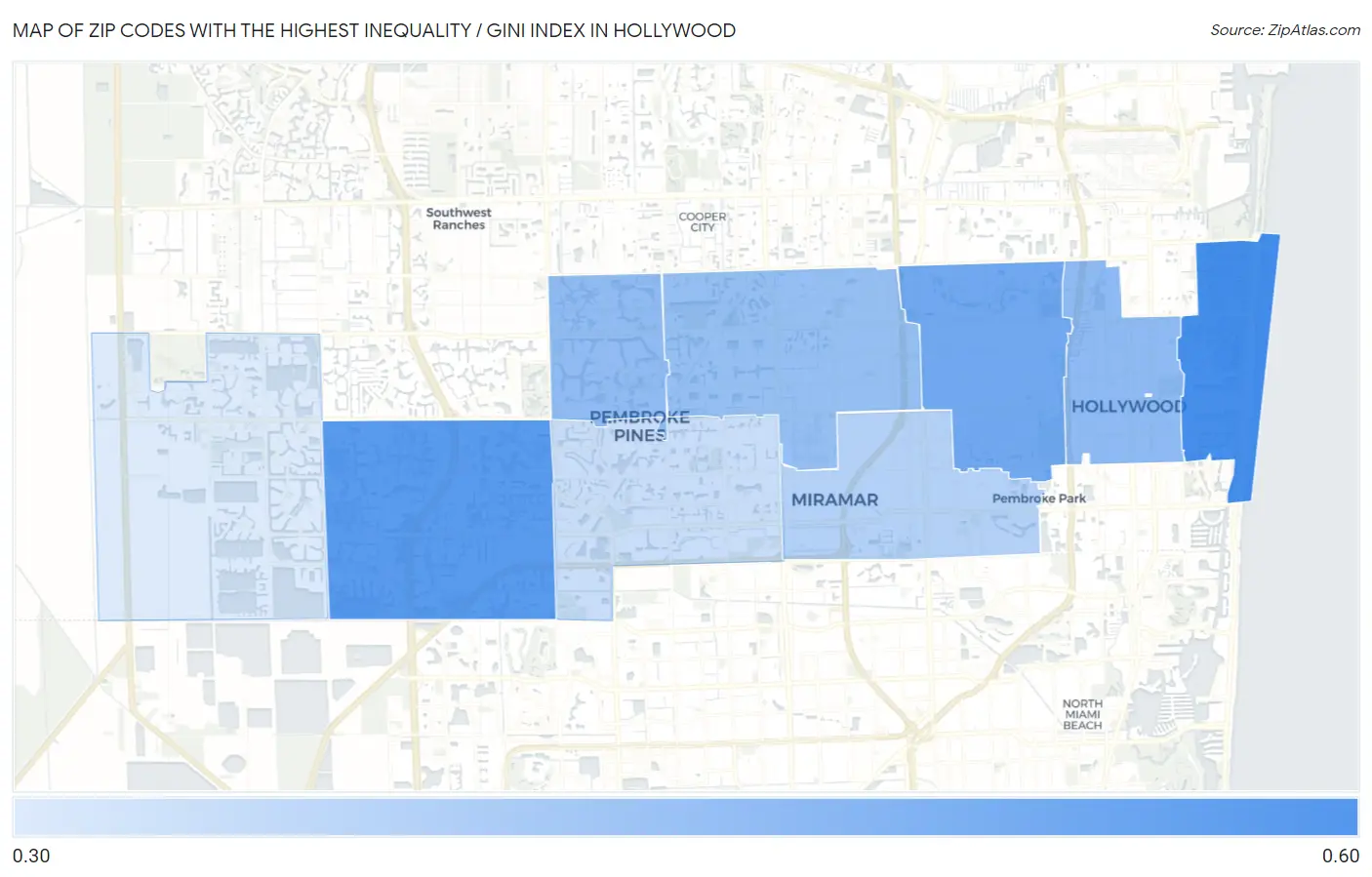 Zip Codes with the Highest Inequality / Gini Index in Hollywood Map