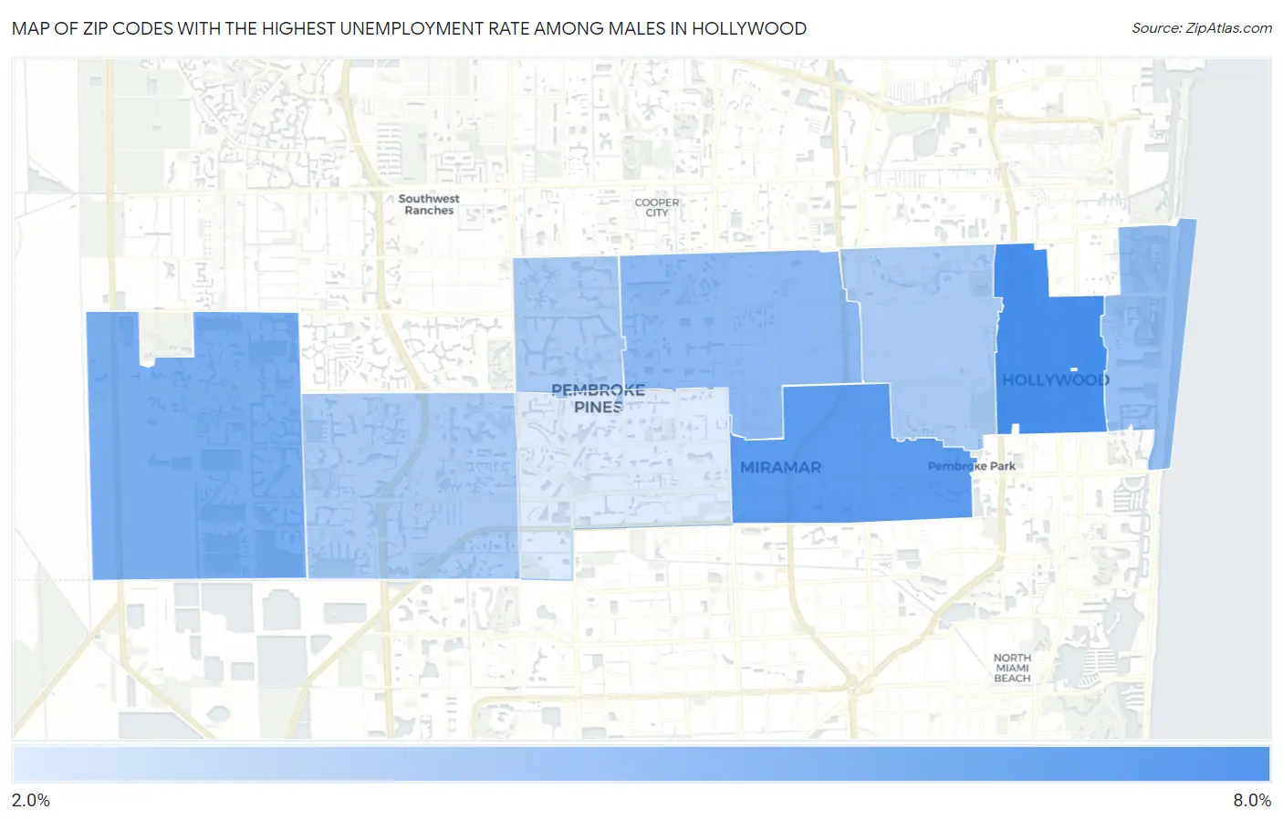 Zip Codes with the Highest Unemployment Rate Among Males in Hollywood Map