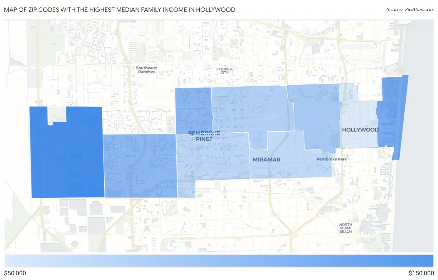 Zip Codes with the Highest Median Family Income in Hollywood Map