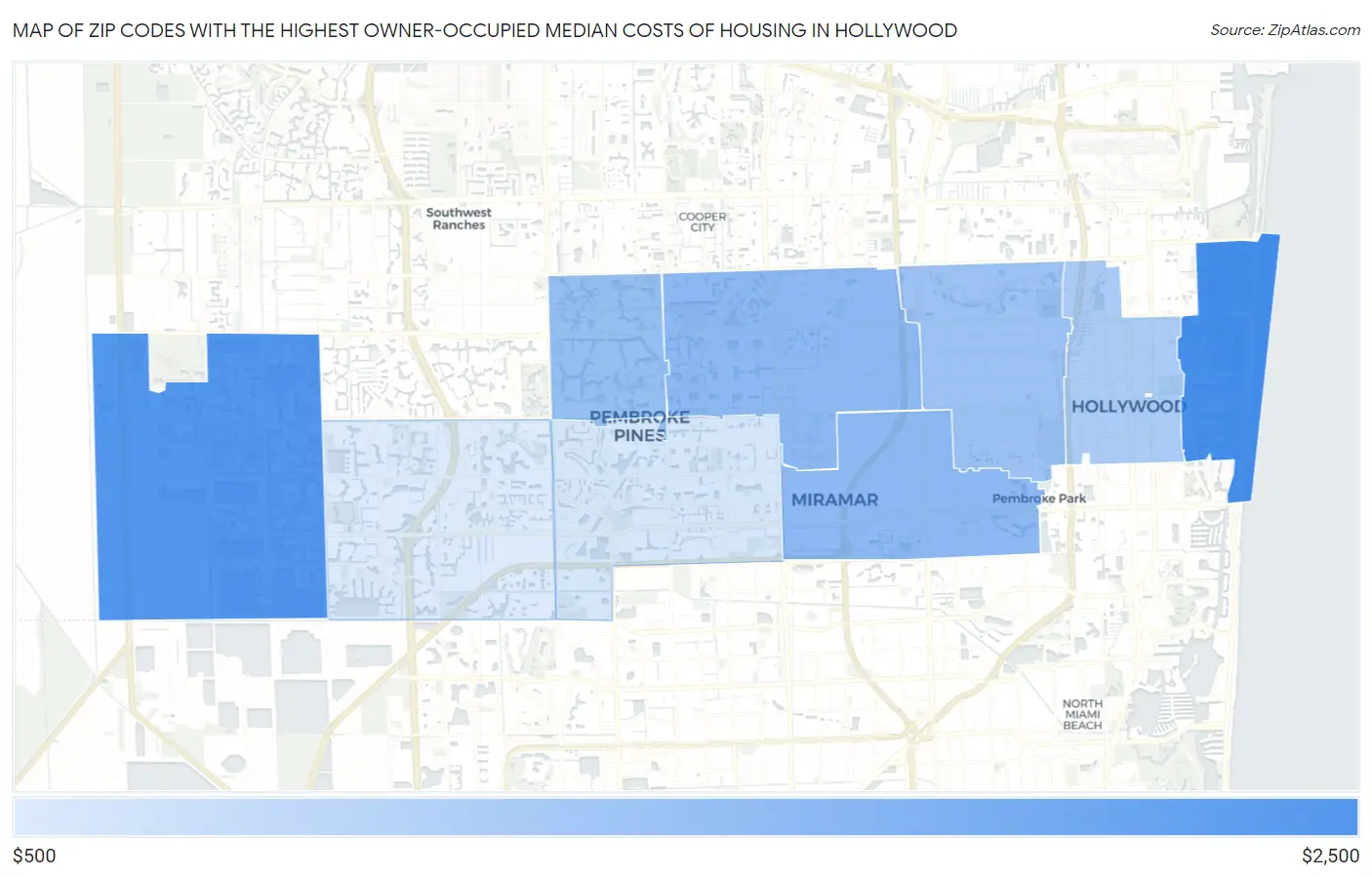 Zip Codes with the Highest Owner-Occupied Median Costs of Housing in Hollywood Map
