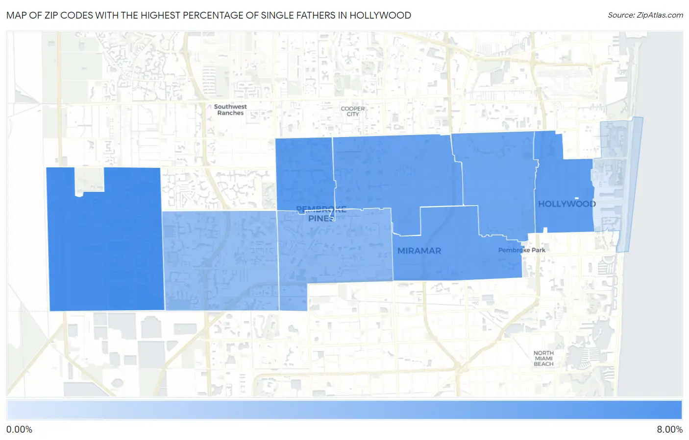 Zip Codes with the Highest Percentage of Single Fathers in Hollywood Map