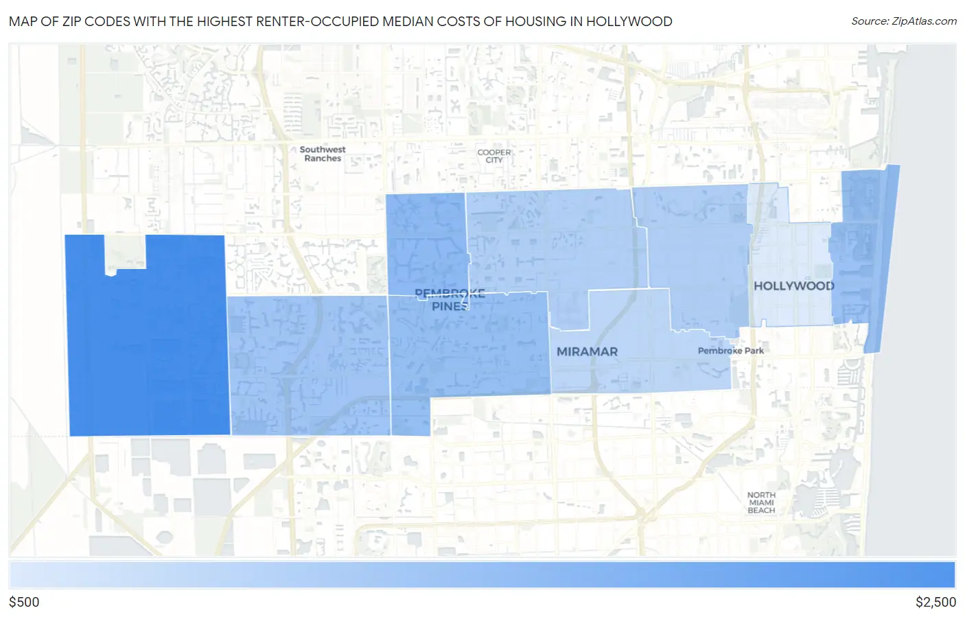 Zip Codes with the Highest Renter-Occupied Median Costs of Housing in Hollywood Map