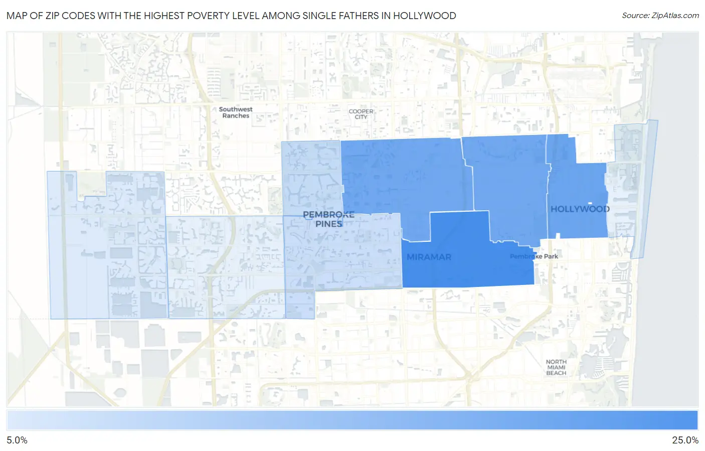 Zip Codes with the Highest Poverty Level Among Single Fathers in Hollywood Map