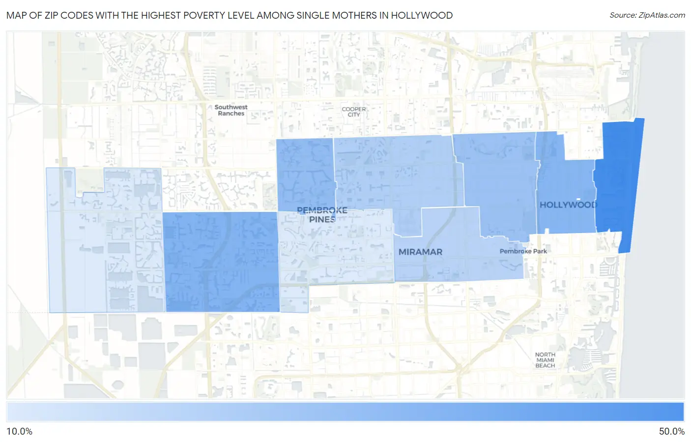 Zip Codes with the Highest Poverty Level Among Single Mothers in Hollywood Map