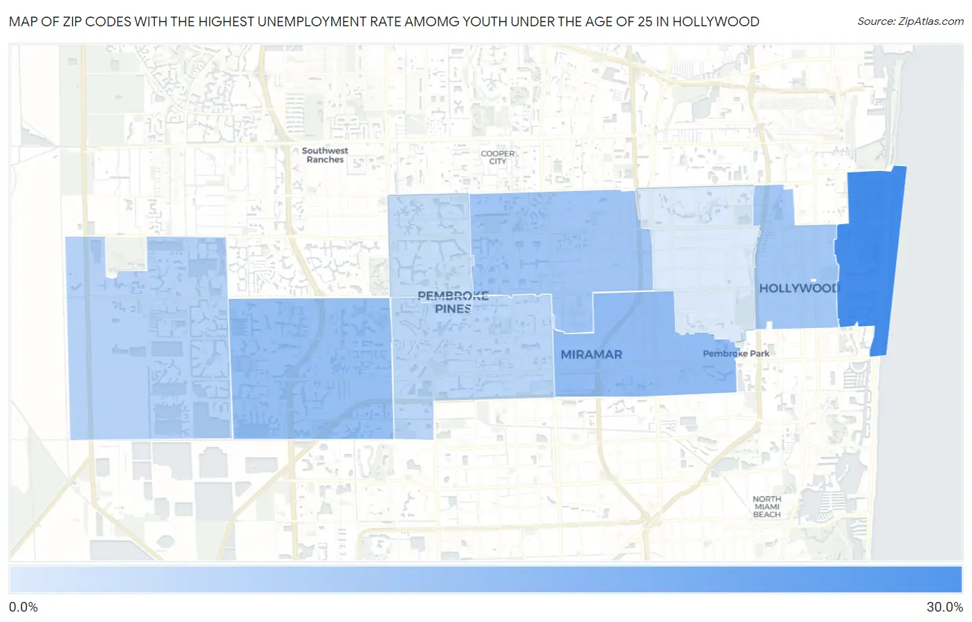 Zip Codes with the Highest Unemployment Rate Amomg Youth Under the Age of 25 in Hollywood Map