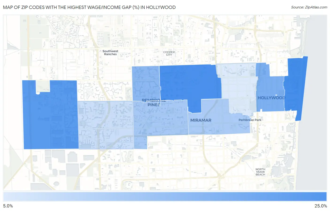 Zip Codes with the Highest Wage/Income Gap (%) in Hollywood Map