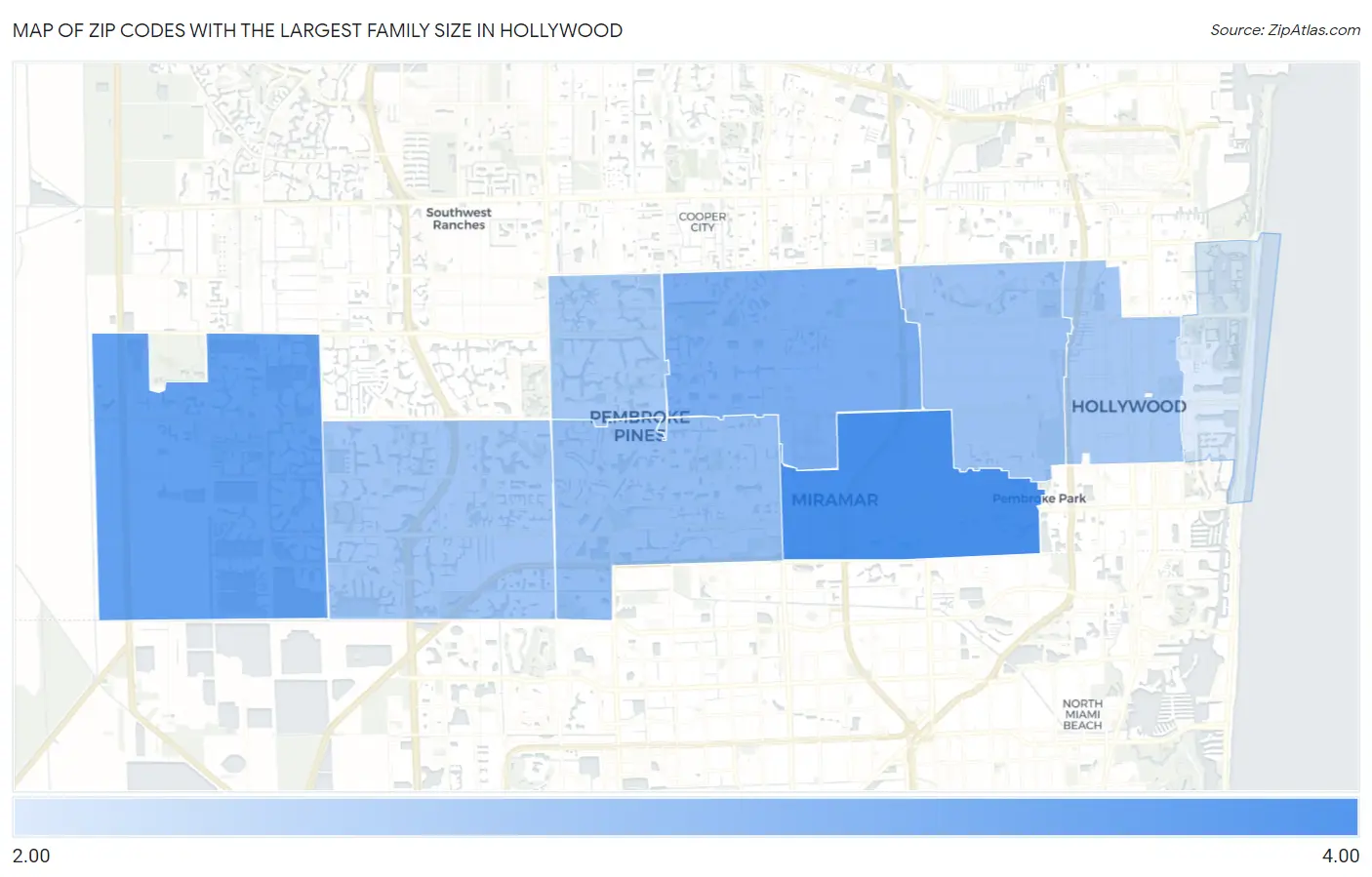 Zip Codes with the Largest Family Size in Hollywood Map