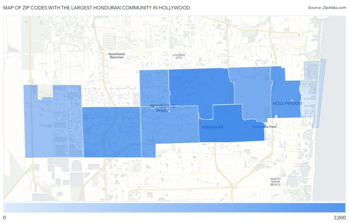 Zip Codes with the Largest Honduran Community in Hollywood Map