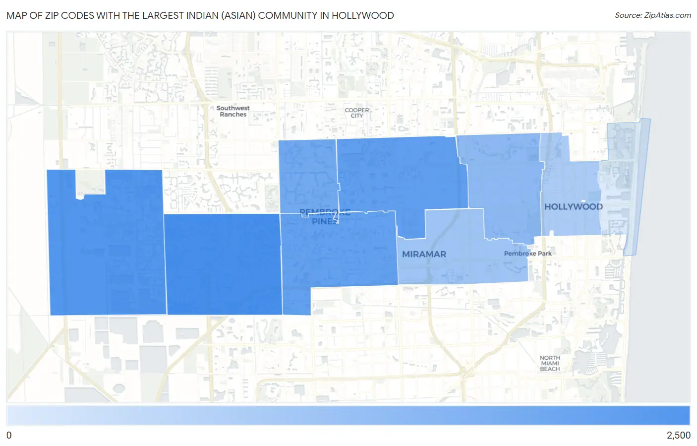 Zip Codes with the Largest Indian (Asian) Community in Hollywood Map