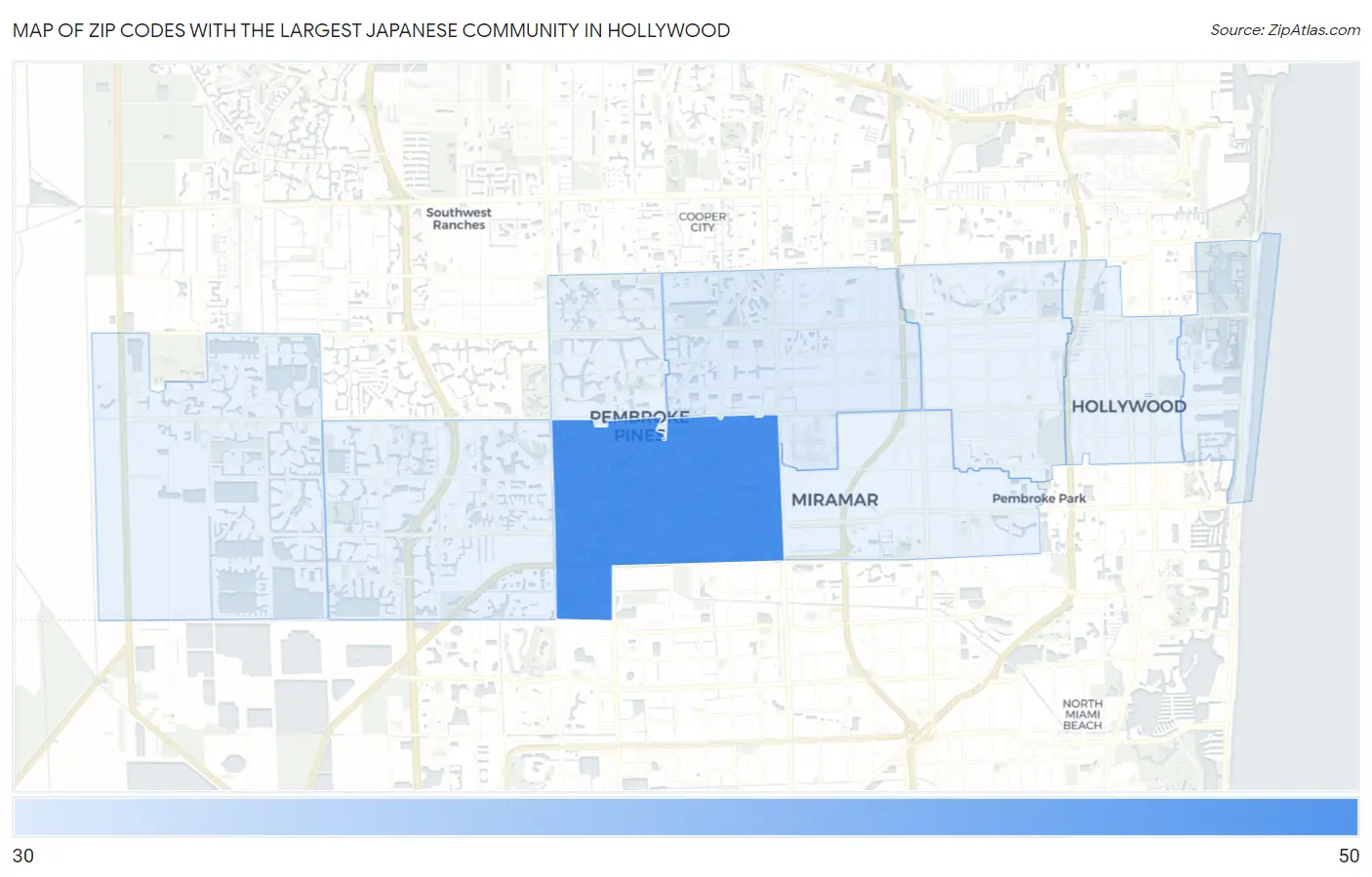 Zip Codes with the Largest Japanese Community in Hollywood Map