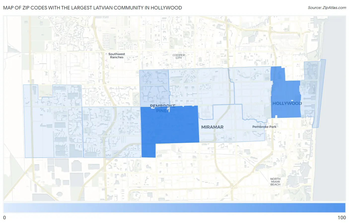 Zip Codes with the Largest Latvian Community in Hollywood Map