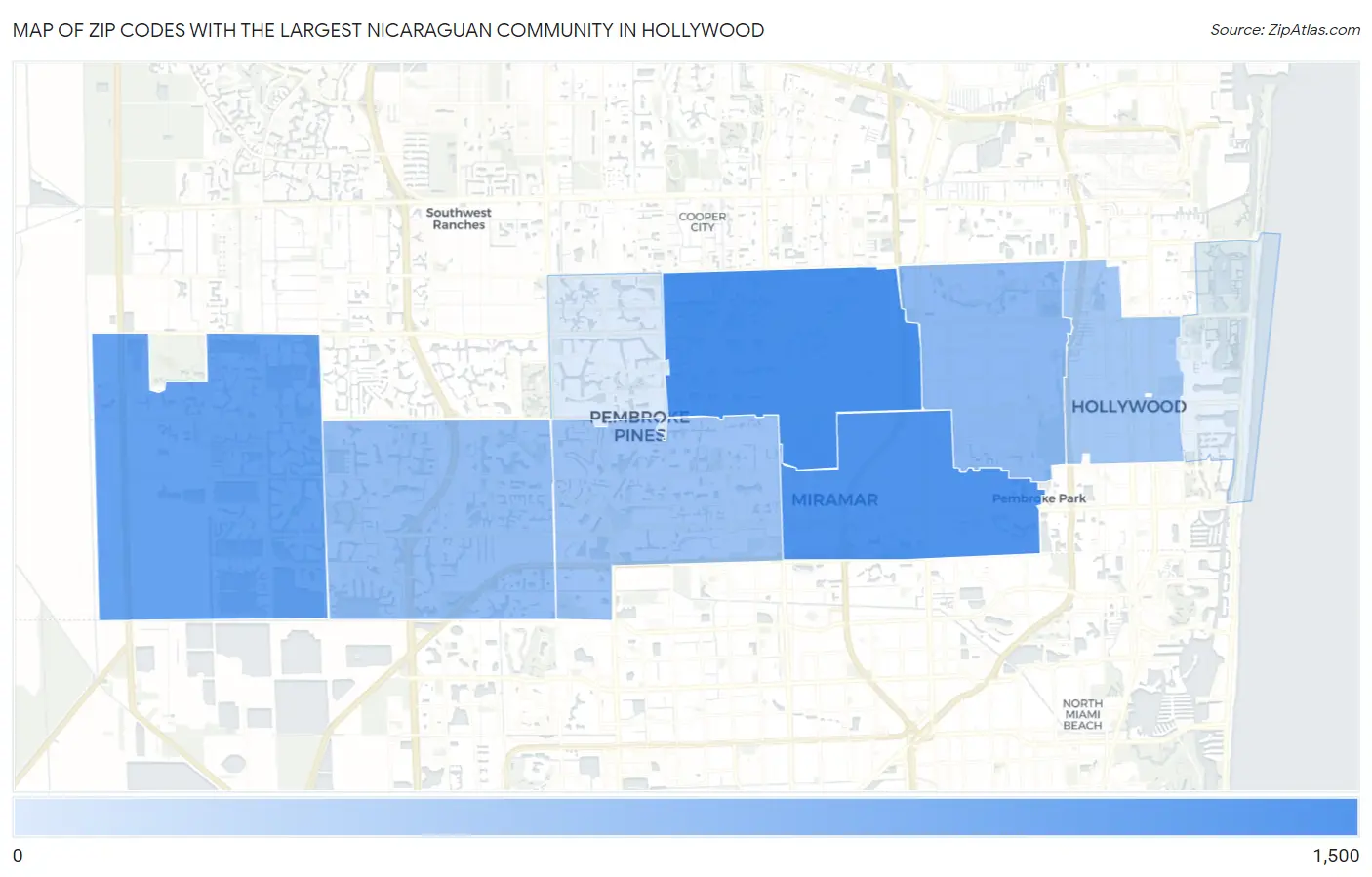 Zip Codes with the Largest Nicaraguan Community in Hollywood Map