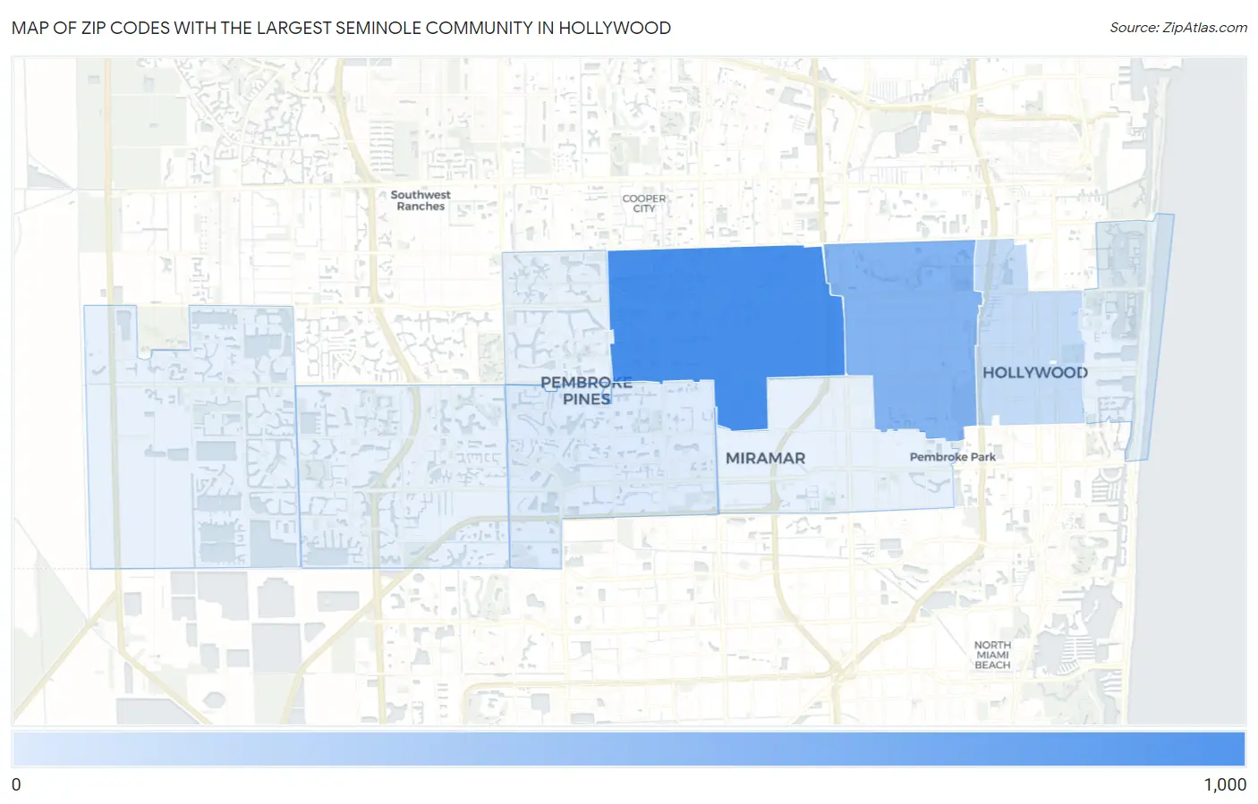 Zip Codes with the Largest Seminole Community in Hollywood Map