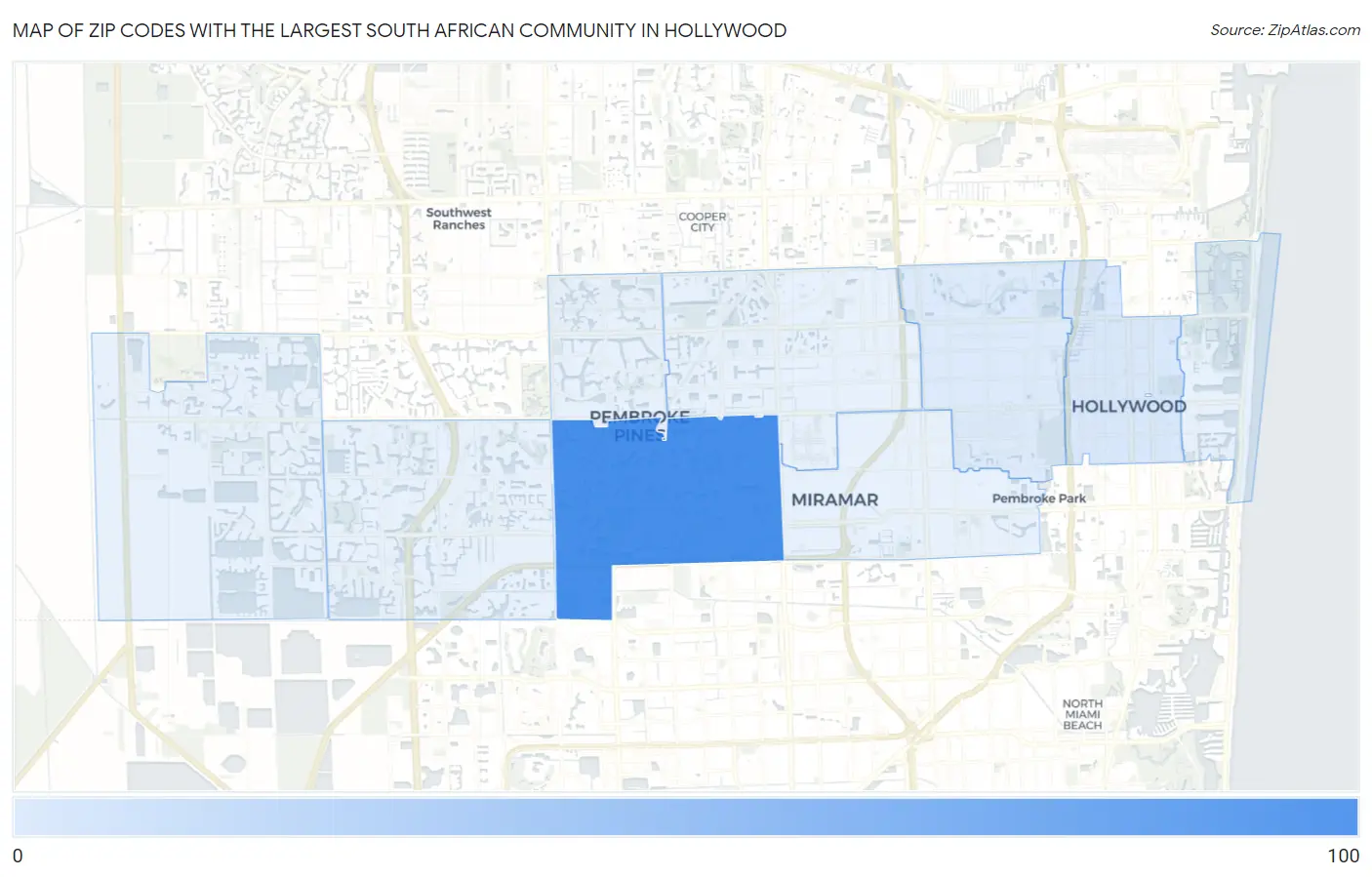 Zip Codes with the Largest South African Community in Hollywood Map