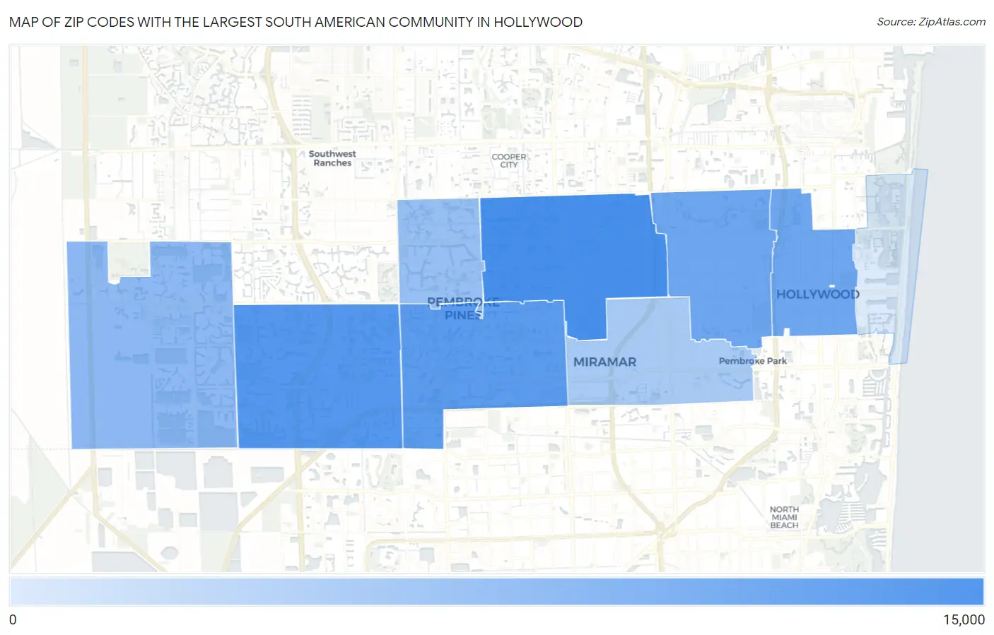 Zip Codes with the Largest South American Community in Hollywood Map