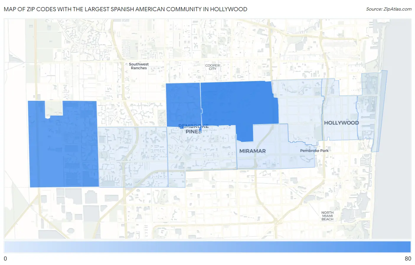 Zip Codes with the Largest Spanish American Community in Hollywood Map