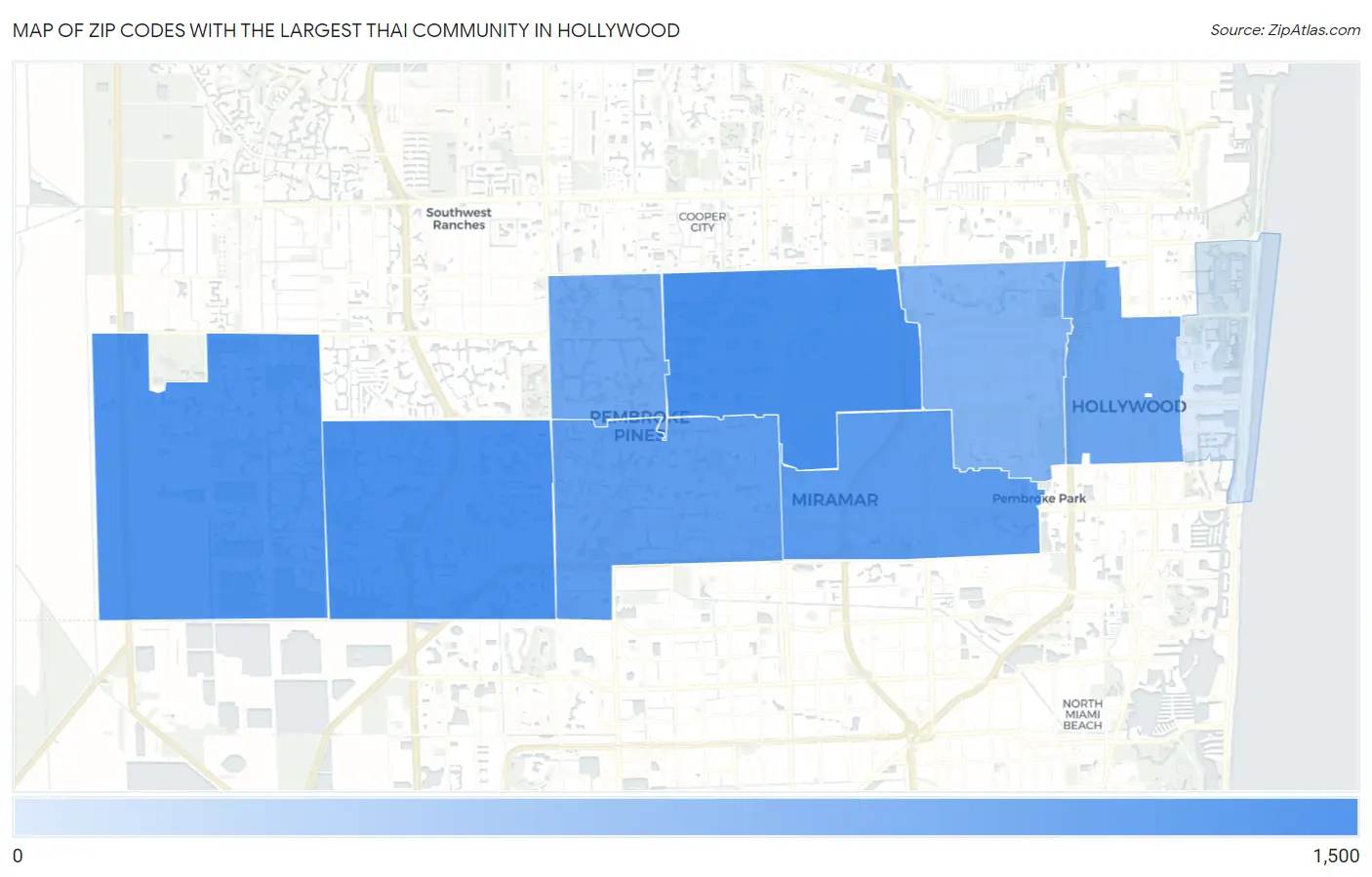 Zip Codes with the Largest Thai Community in Hollywood Map