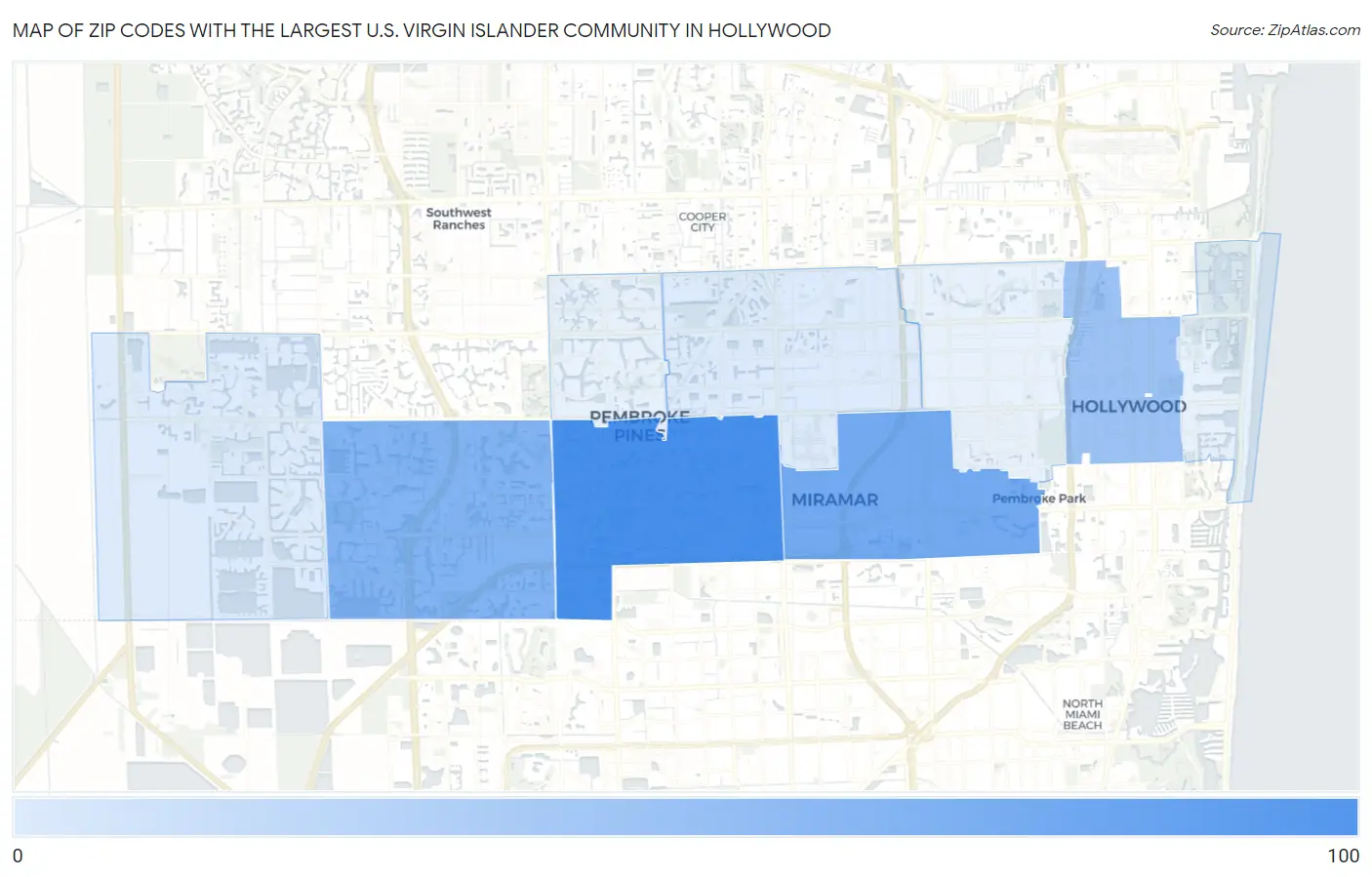 Zip Codes with the Largest U.S. Virgin Islander Community in Hollywood Map
