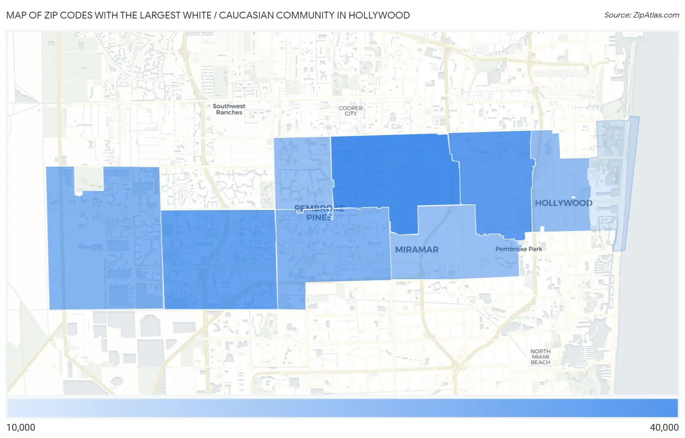 Zip Codes with the Largest White / Caucasian Community in Hollywood Map