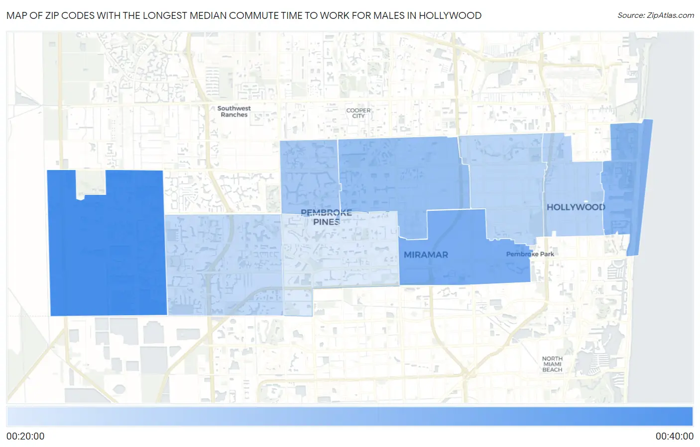 Zip Codes with the Longest Median Commute Time to Work for Males in Hollywood Map