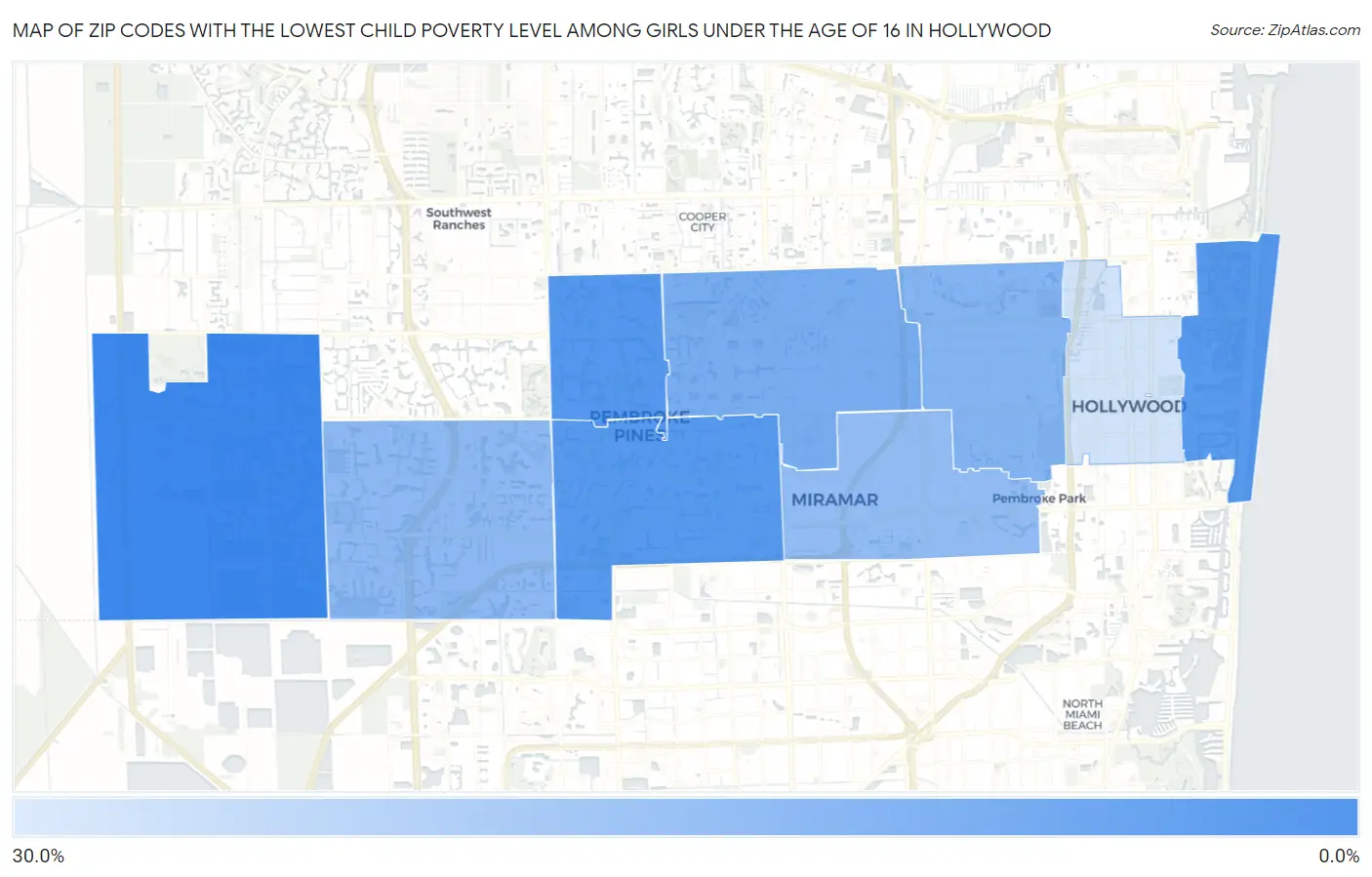 Zip Codes with the Lowest Child Poverty Level Among Girls Under the Age of 16 in Hollywood Map