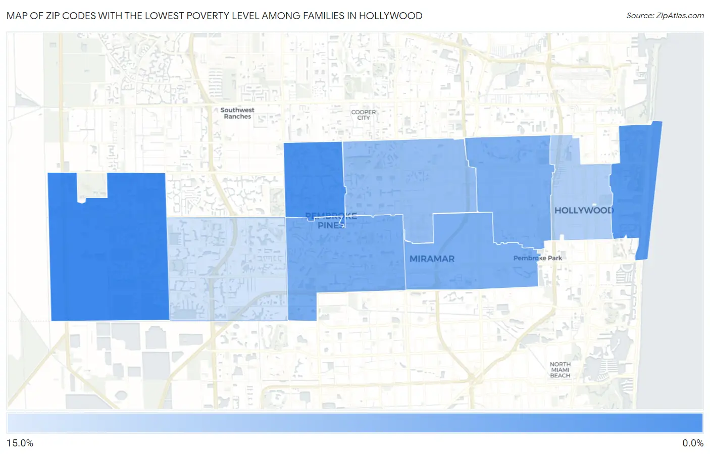 Zip Codes with the Lowest Poverty Level Among Families in Hollywood Map