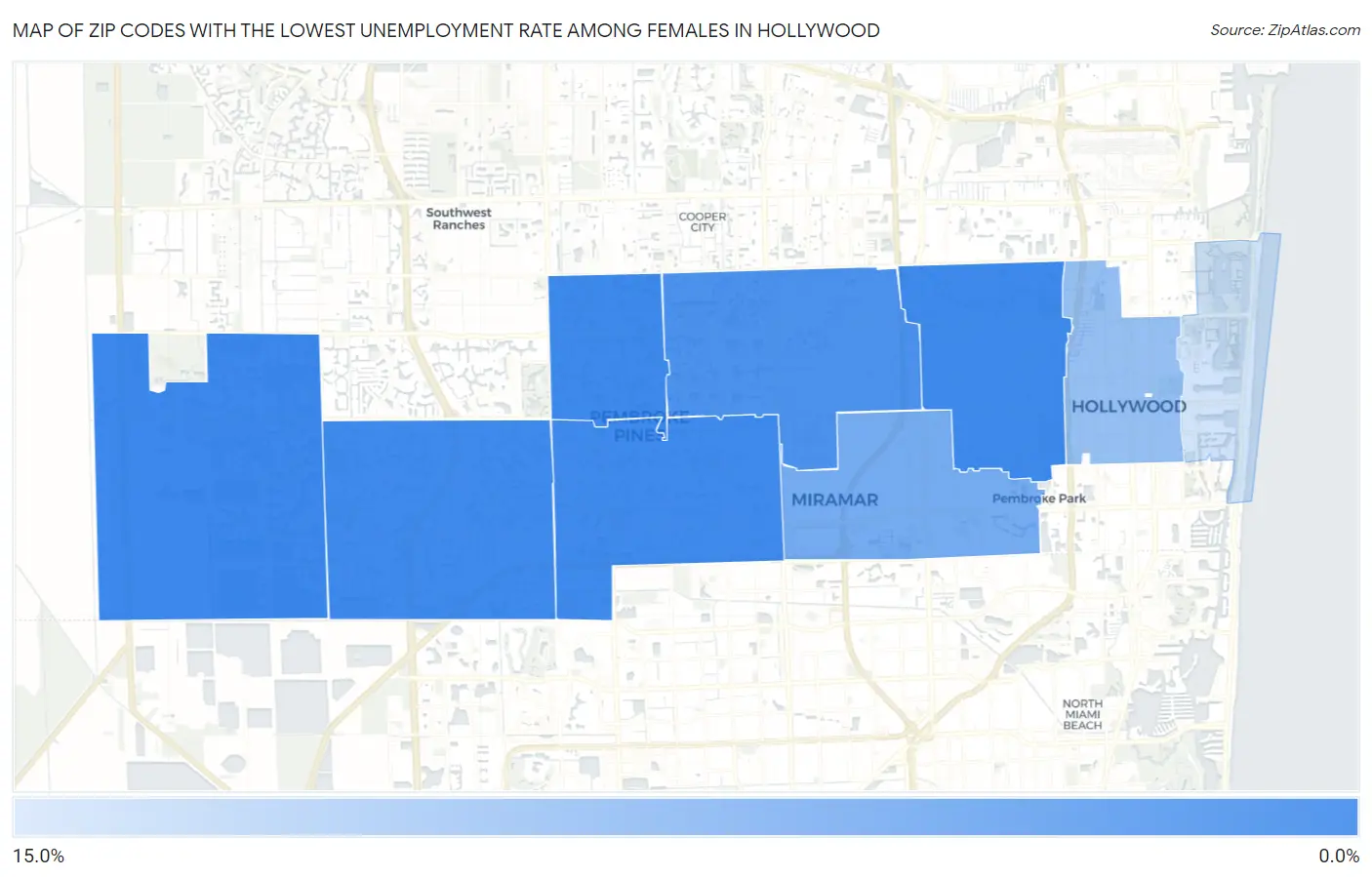 Zip Codes with the Lowest Unemployment Rate Among Females in Hollywood Map