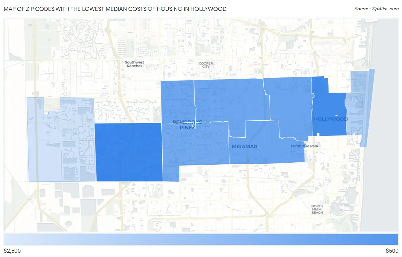 Zip Codes with the Lowest Median Costs of Housing in Hollywood Map