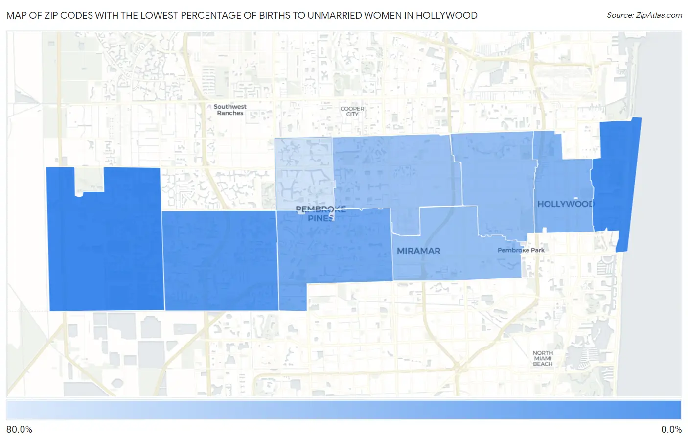 Zip Codes with the Lowest Percentage of Births to Unmarried Women in Hollywood Map