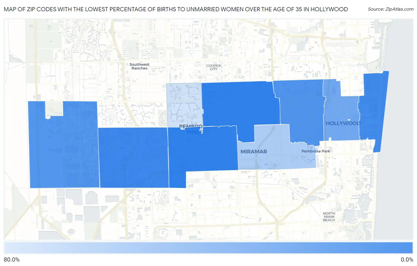 Zip Codes with the Lowest Percentage of Births to Unmarried Women over the Age of 35 in Hollywood Map