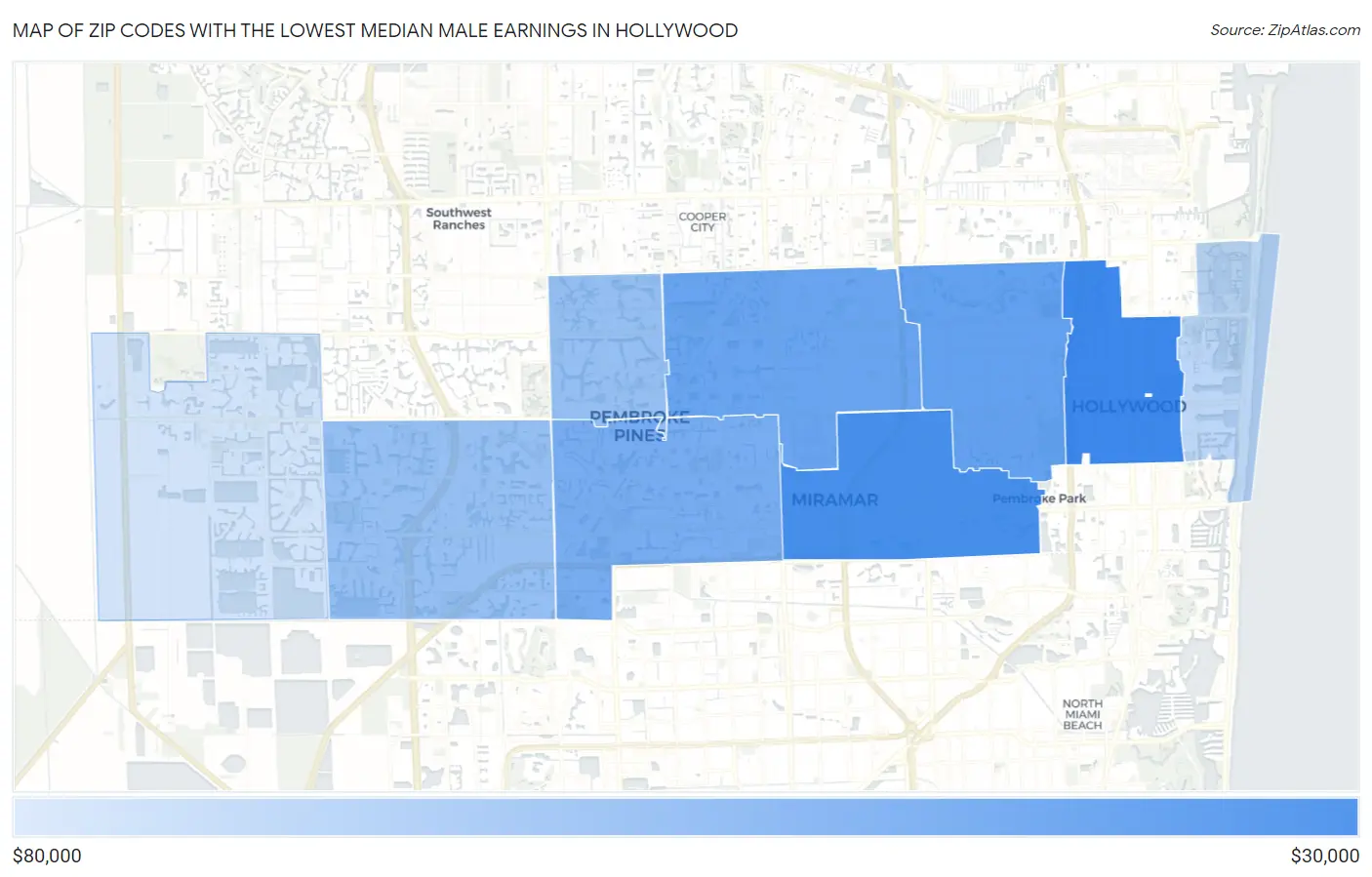 Zip Codes with the Lowest Median Male Earnings in Hollywood Map