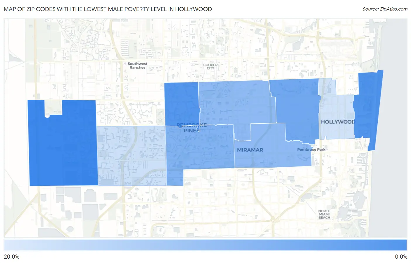 Zip Codes with the Lowest Male Poverty Level in Hollywood Map