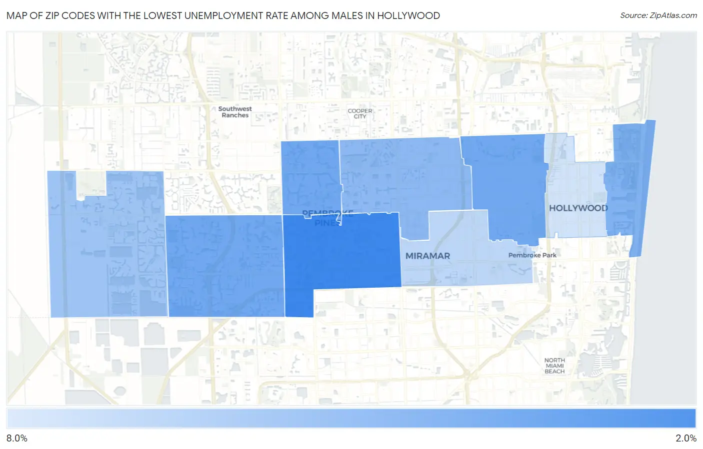 Zip Codes with the Lowest Unemployment Rate Among Males in Hollywood Map