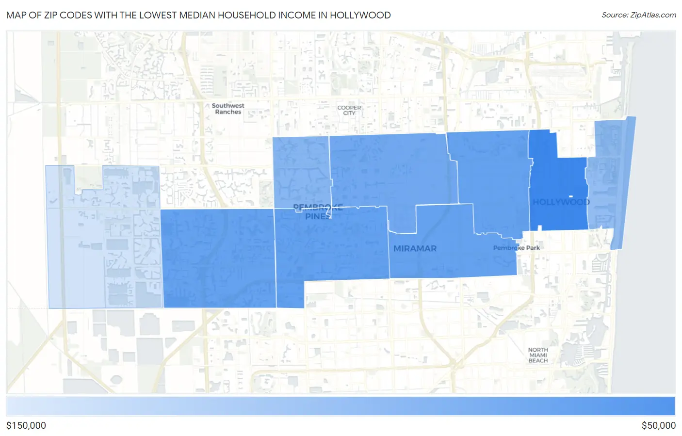 Zip Codes with the Lowest Median Household Income in Hollywood Map