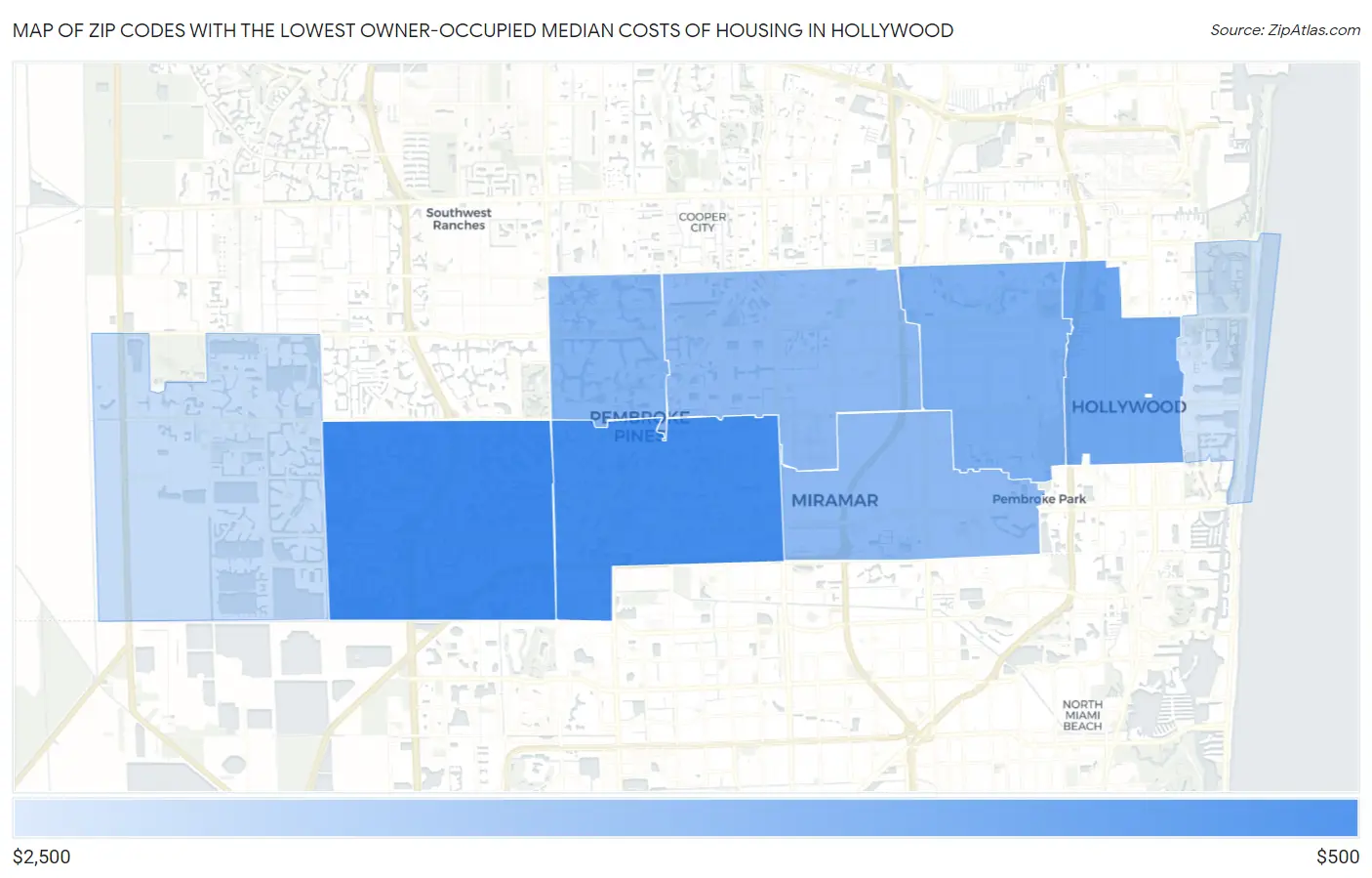 Zip Codes with the Lowest Owner-Occupied Median Costs of Housing in Hollywood Map