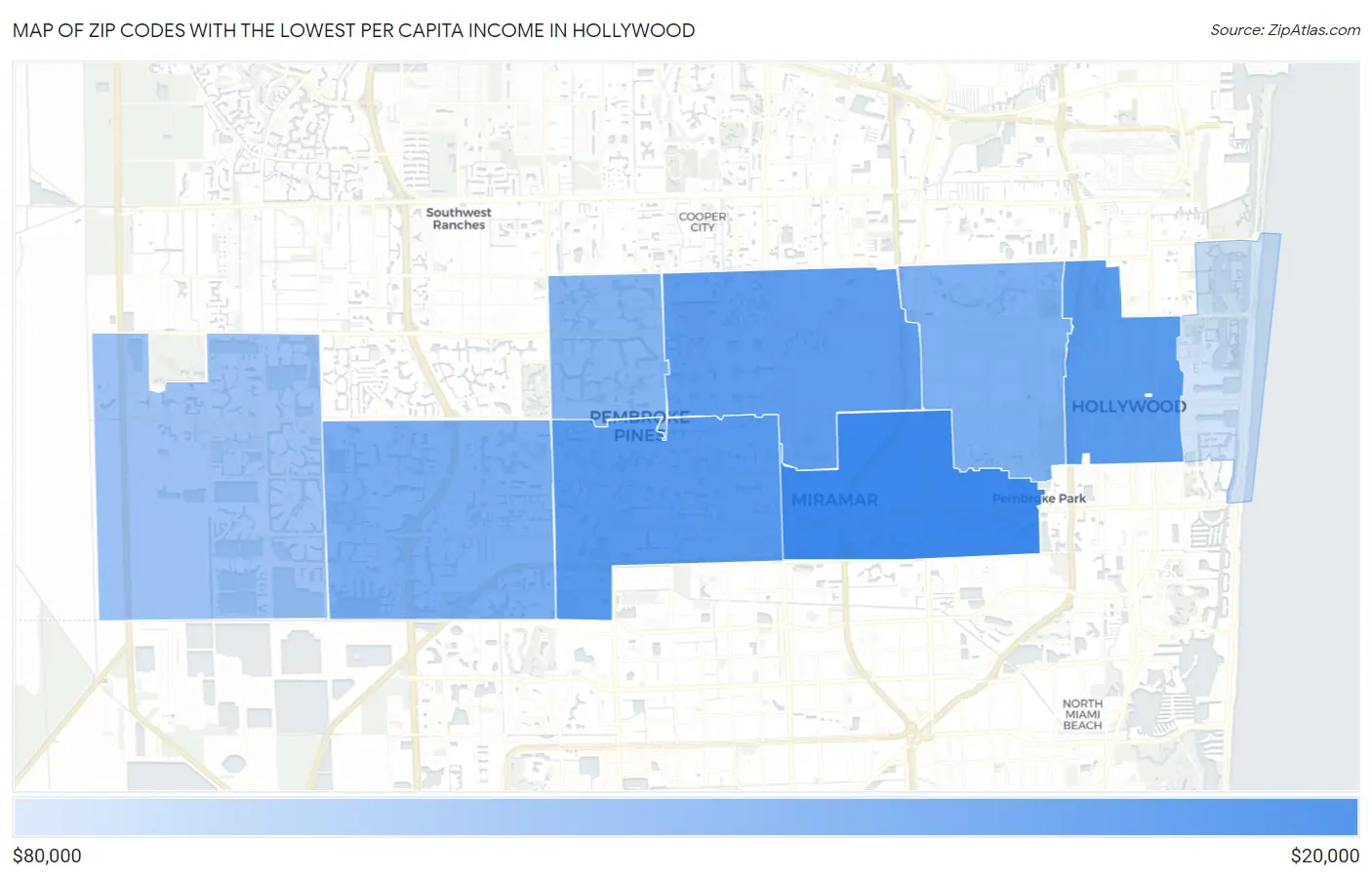 Zip Codes with the Lowest Per Capita Income in Hollywood Map