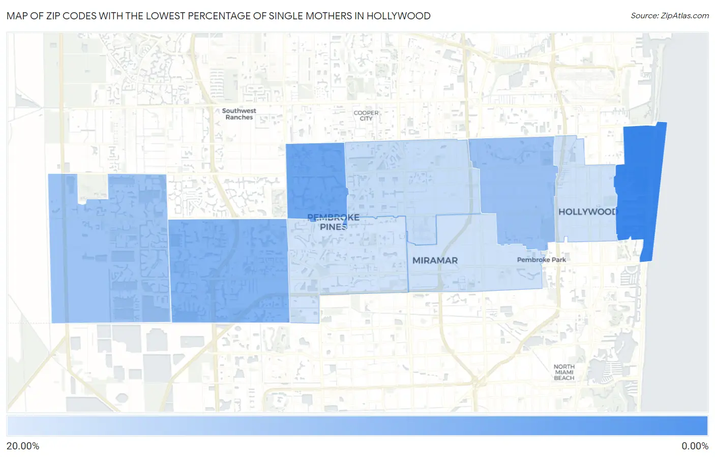 Zip Codes with the Lowest Percentage of Single Mothers in Hollywood Map