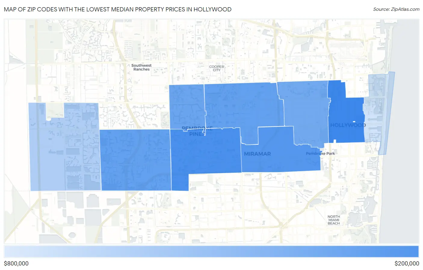 Zip Codes with the Lowest Median Property Prices in Hollywood Map