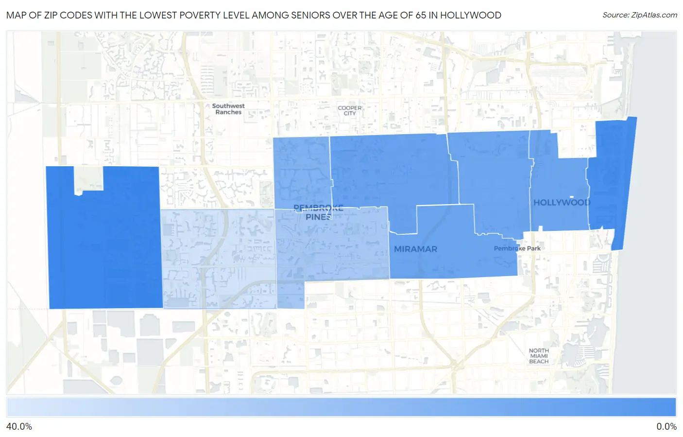 Zip Codes with the Lowest Poverty Level Among Seniors Over the Age of 65 in Hollywood Map