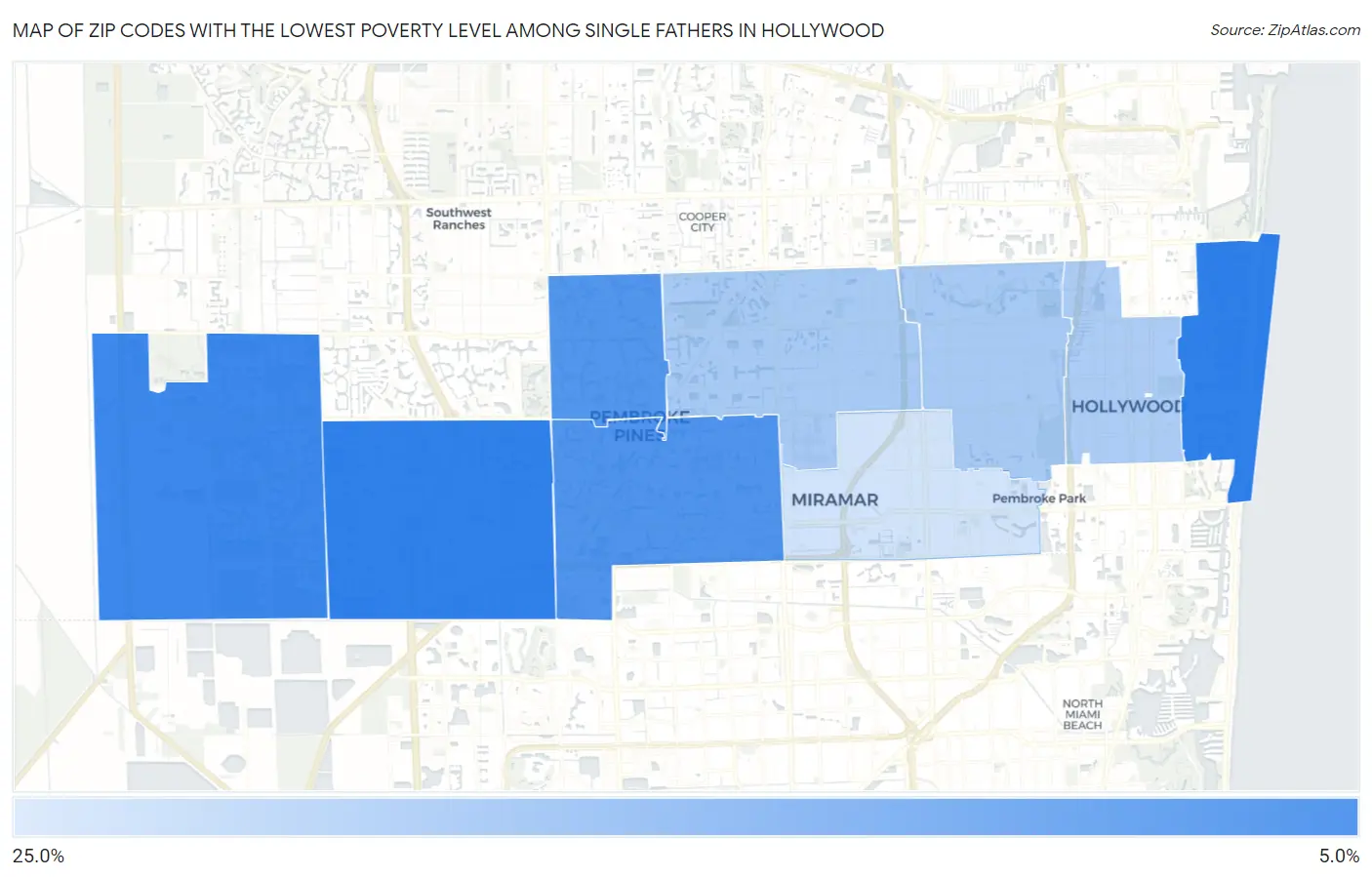 Zip Codes with the Lowest Poverty Level Among Single Fathers in Hollywood Map