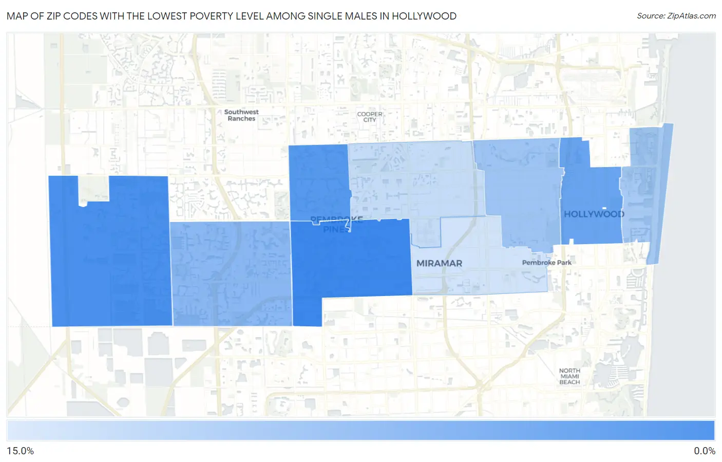 Zip Codes with the Lowest Poverty Level Among Single Males in Hollywood Map