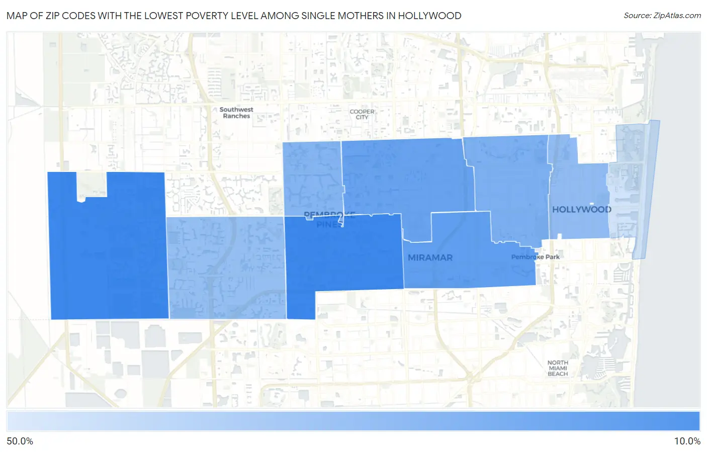 Zip Codes with the Lowest Poverty Level Among Single Mothers in Hollywood Map