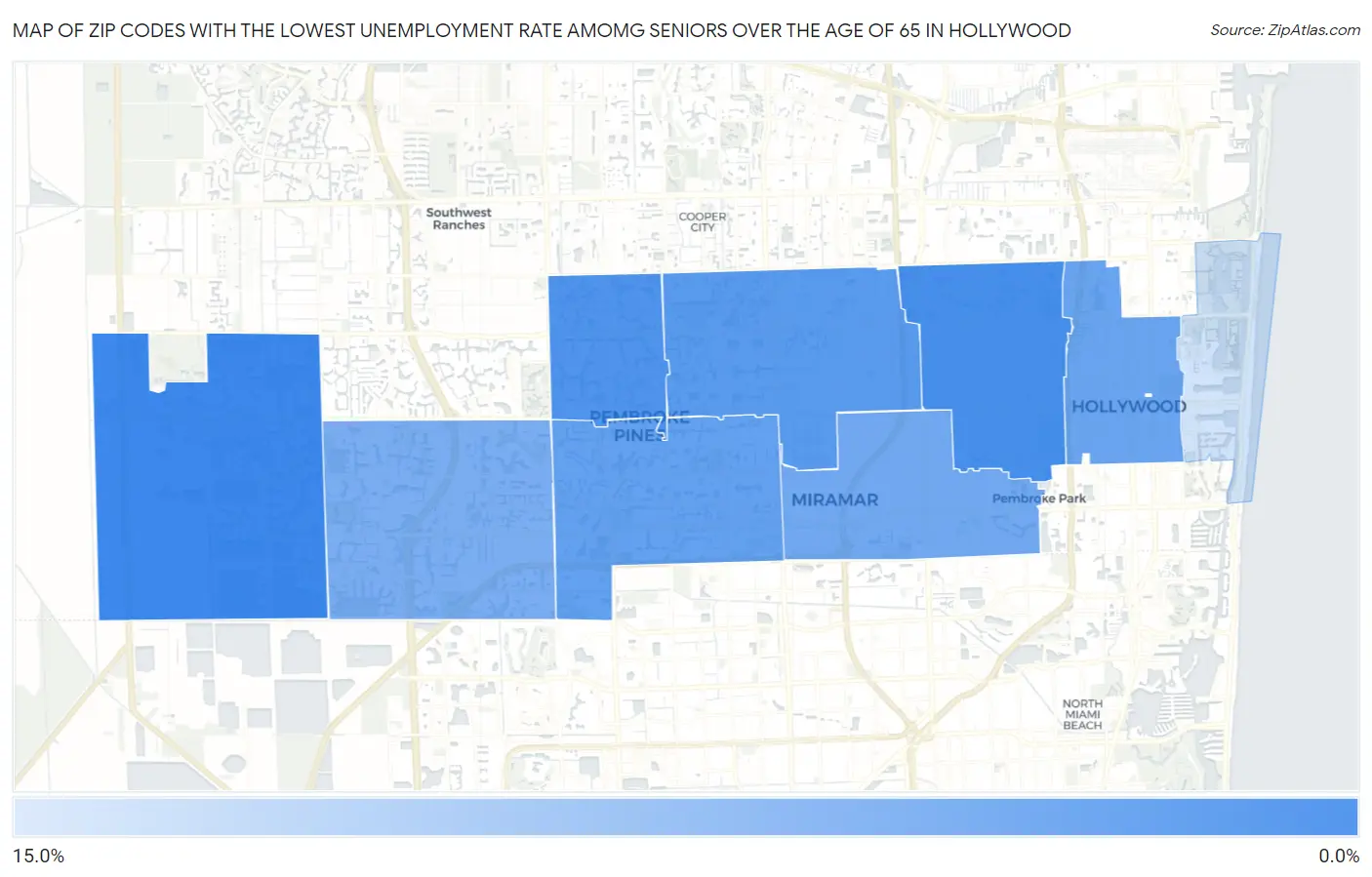 Zip Codes with the Lowest Unemployment Rate Amomg Seniors Over the Age of 65 in Hollywood Map