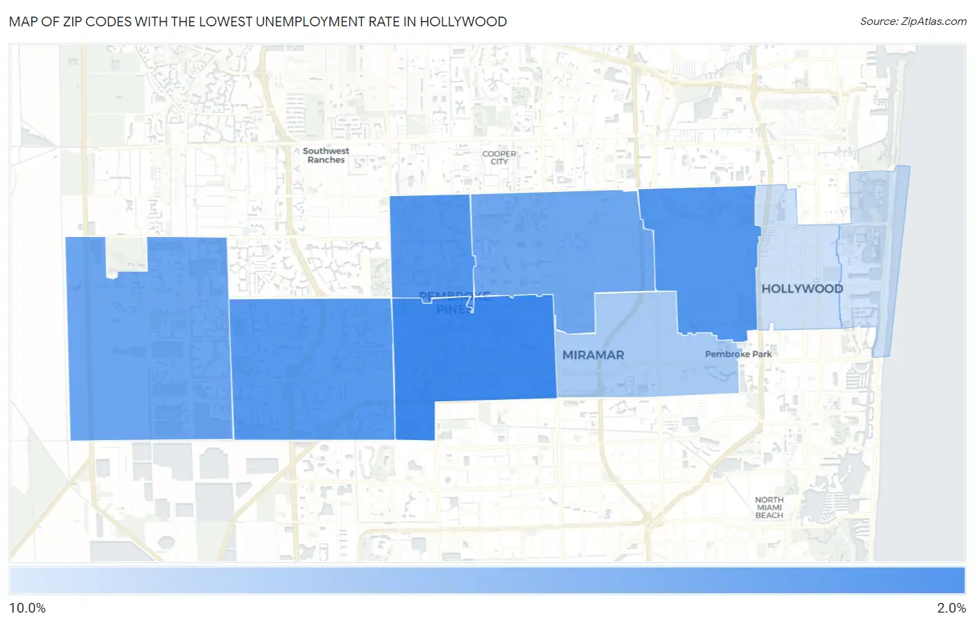 Zip Codes with the Lowest Unemployment Rate in Hollywood Map