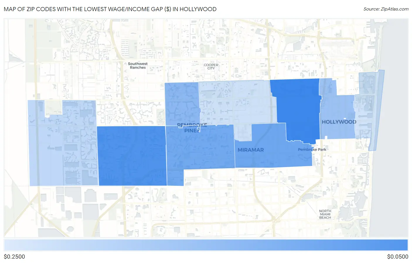 Zip Codes with the Lowest Wage/Income Gap ($) in Hollywood Map
