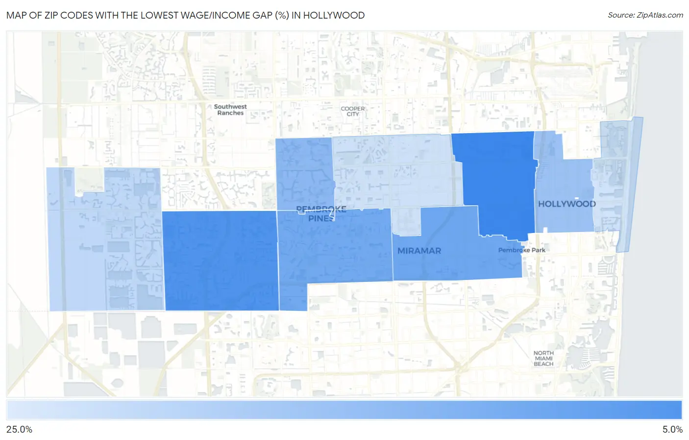 Zip Codes with the Lowest Wage/Income Gap (%) in Hollywood Map