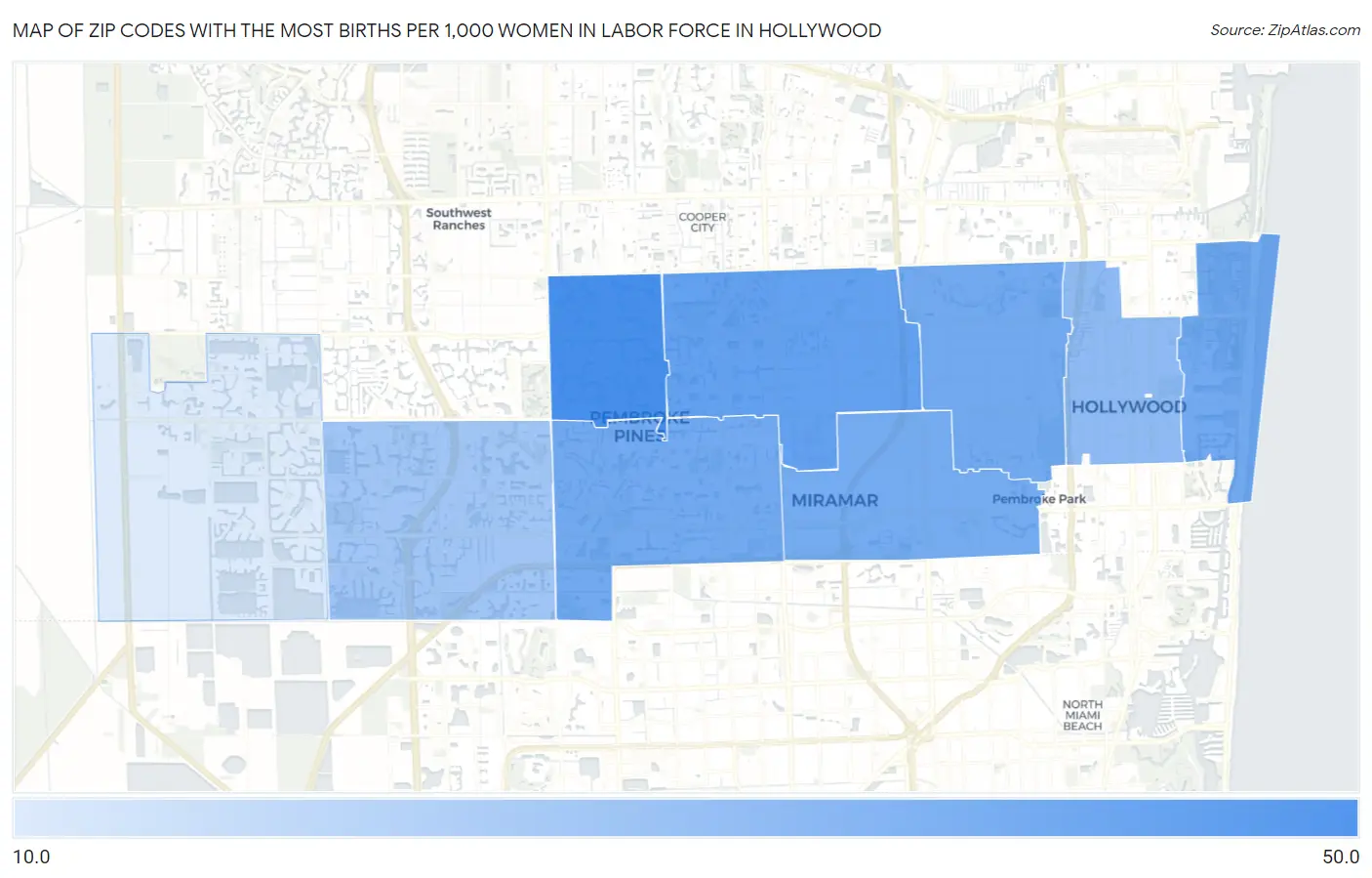 Zip Codes with the Most Births per 1,000 Women in Labor Force in Hollywood Map